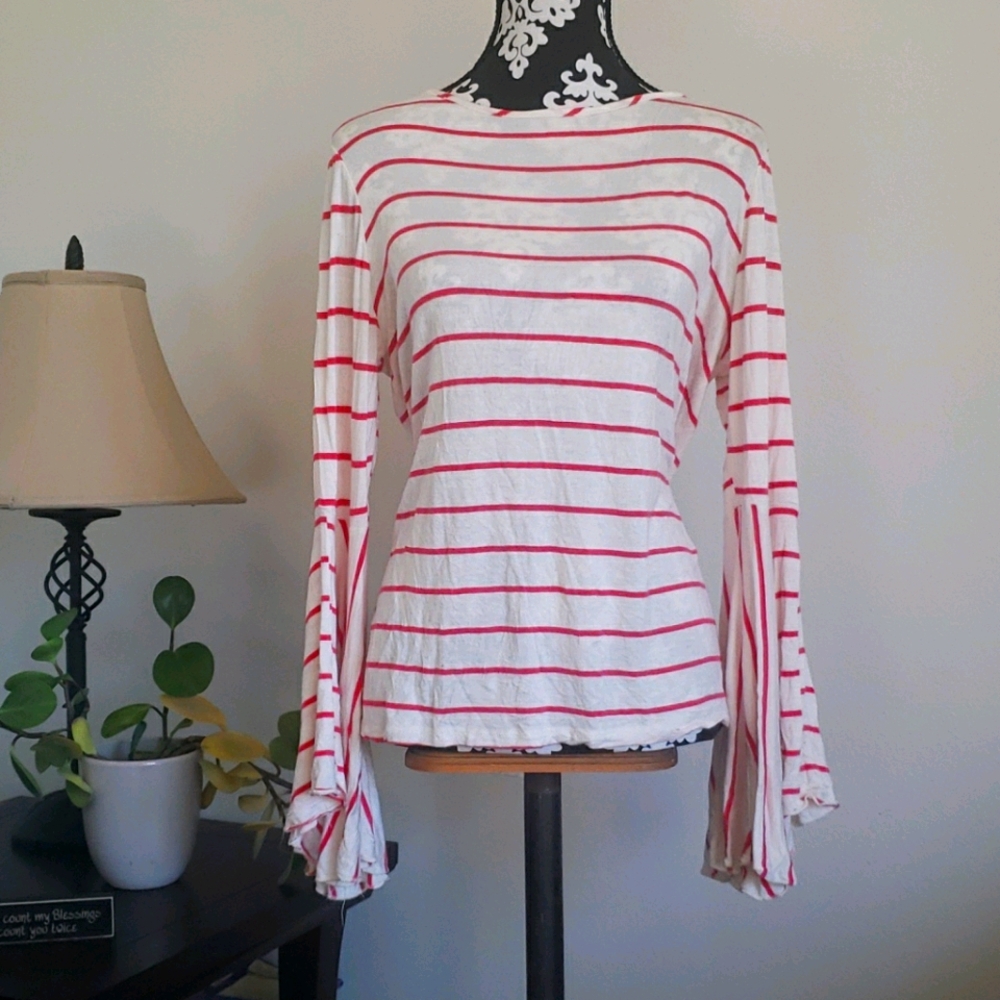 Pink & white striped shirt w/ trumpet sleeves